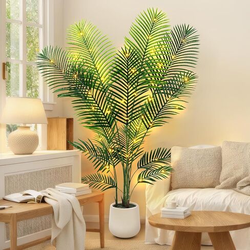 شجرة نخيل الاصطناعية 6 قدم مع مصابيح خرافية LED والمزرعة البيضاء - مصنع النخيل الاستوائي النابض بالحياة مع جذع واقعي وفروع قابلة للتعديل للمكتب المنزلي الداخلي غرفة المعيشة الزاوية in Kuwait