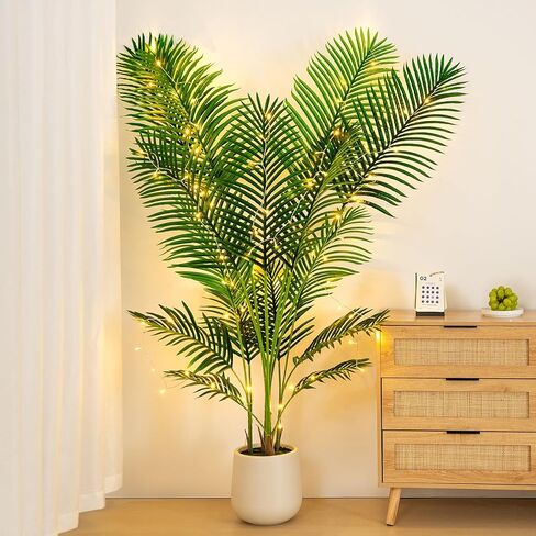 شجرة نخيل الاصطناعية 6 قدم مع مصابيح خرافية LED والمزرعة البيضاء - مصنع النخيل الاستوائي النابض بالحياة مع جذع واقعي وفروع قابلة للتعديل للمكتب المنزلي الداخلي غرفة المعيشة الزاوية in Kuwait