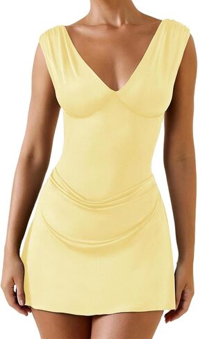 Lofaac Women Sexy V الرقبة Backless Bodycon Mini Dress Slim Fit Fit Slicfeless Ruched Italial Out Out Short Dress 2025 Summer in Kuwait