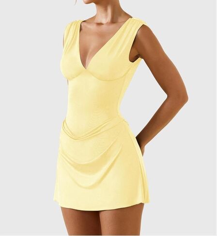 Lofaac Women Sexy V الرقبة Backless Bodycon Mini Dress Slim Fit Fit Slicfeless Ruched Italial Out Out Short Dress 2025 Summer in Kuwait