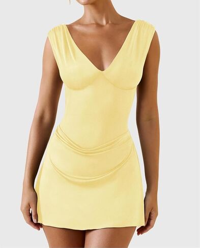 Lofaac Women Sexy V الرقبة Backless Bodycon Mini Dress Slim Fit Fit Slicfeless Ruched Italial Out Out Short Dress 2025 Summer in Kuwait