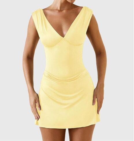 Lofaac Women Sexy V الرقبة Backless Bodycon Mini Dress Slim Fit Fit Slicfeless Ruched Italial Out Out Short Dress 2025 Summer in Kuwait