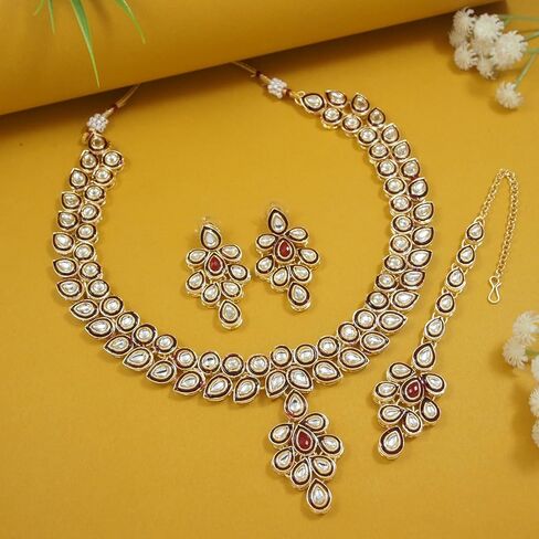 I Jewels Indian Wedding Bollywood Gold Plated Traditional Maroon Meenakari Handcrafted Kundan Necklace With Dangle Earrings & Maang Tikka Jewellery Set For Women/Girls (IJ356) in Saudi Arabia