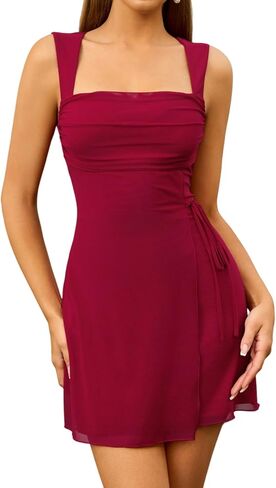 Women's Sexy Mesh Short Dress Square Neck Ruched Backless Party Graduation Mini Dresses for 2025 in Kuwait