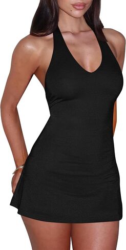 BEAGIMEG Women's Sexy Bodycon A-line Halter Deep V Backless Club Party Mini Dress in Saudi Arabia
