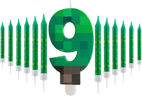 13Pieces Pixel Game Birthday Candles Set, Decoration Cake Topper Green Birthday Candle for Boys Girls Game Themed Graduation Celebration Party Supplies(Number 7 in Saudi Arabia