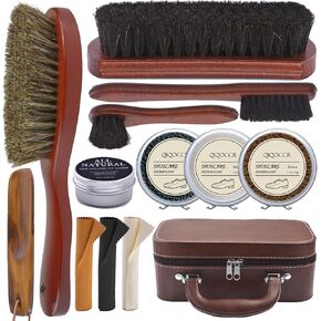 Shoe Cleaning Kit,13PC Leather Boot Care Kit, Shoe Polish, Mink Oil, Shine Cloths, Shoe Brushes, Shoe Horn, and More for Leather Boot Care and Cleaning, Leather Polish Kit Gift for Men Women