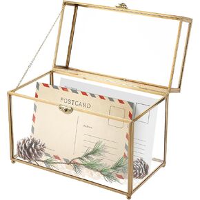 مربع التذكار للزجاج الذهبي عتيقة | مربع زفاف صندوق الزفاف الزجاج Jwelry Lidded Box صندوق مزخرف للعرض ، منظم حلقات صناديق مستطيل صافية (10 × 5.7 × 7.8 بوصة ، سعة كبيرة)