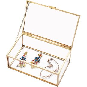 5.7 "Golden Vintage Glass Themsake Box | Glass Jwelry box box صناديق زجاجية مزخرفة للعرض ، منظم حلقات صناديق المستطيل الصافية (5.7 × 3.5 × 2.1 بوصة)
