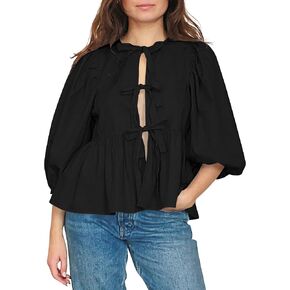 Women Tie Up Front Plaid Peplum Tops Loose Crewneck 3/4 Puff Sleeve Blouse Shirts Y2K Going Out Preppy Clothes