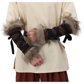 KUOIN Medieval Faux Fur Arm Wrap, Linen Cuffs for Women Men Renaissance Eskimo Costume Accessories