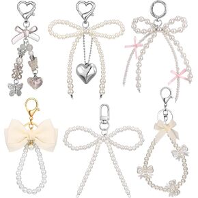 Sureio 6 PCS Cute Bow Keychain للنساء سلاسل مفاتيح اللؤلؤ لمفاتيح السيارات Coquette Bow keychain charms reasthetic charms