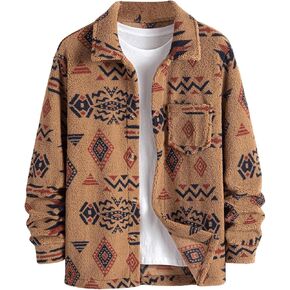 Men's Graphic Print Button Down Jackets Collared Long Sleeve Fuzzy Outerwear with Pocket