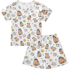 Cartoon Capybara with Pink Hearts Summer Cute Pajama Sets, Short Sets for Daily Wears and Sleep Wears