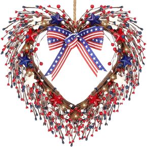 Patriotic Heart Wreaths for Front Door Red White Blue Pip Berry Star 4th of July Wreath 12 Inch with String Light Independence Memorial Day Veterans Day for Indoor Outdoor Window Decorations