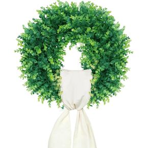 20'' Boxwood Wreath for Front Door with Ivory Sash Foldable Farmhouse Door Wreath for Year-Rind Indoor/Outdoor, Weddings & St Patricks Day