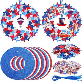 Woanger 324 Pcs 4th of July Wreath Decorations USA Flag Star Patriotic Signs Ornaments Red White Blue Foam Star Sticker Independence Day Craft Kit for Kid Art Gift Favor Classroom Home Door Wall Decor