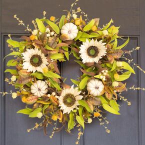 Perfnique Spring Wreaths for Front Door, Lambs Ear Wreath with Hydrangeas Flower and Eucalyptus Leaves, 20'' Green Artificial Wreath for Porch Window, Farmhouse Decor for Wall (Greenery)