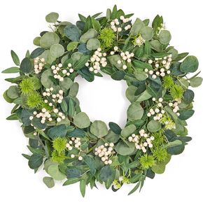 GENMOUS 24 Inch Spring Summer Wreaths for Front Door, Green Cypress Leaves Wreath with Cedar Laurel White Berries, All Season Wreath for Indoor Outdoor Wedding Holiday Home Wall Door Porch Decor