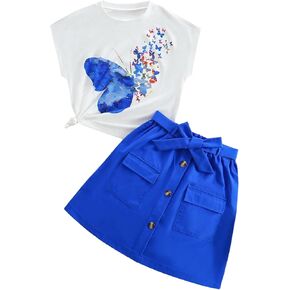 SweatyRocks Girl's 2 Piece Summer Outfits Butterfly Graphic Tee Top and Elastic Waist Skirts Set