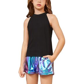QPANCY Girl's 2 Piece Outfits Summer Solid Tank Top and Metallic Shorts Set