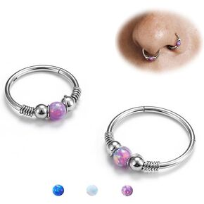 BodyBonita 2Pcs 16G 18G Opal Nose Rings Hoops - 316L Surgical Steel Septum Nose Rings for Women Conch Piercing Jewelry Daith Helix