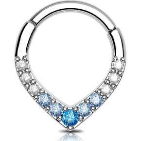 OUFER Septum Rings 16G, V-Shaped Septum Piercing Jewelry, 316L Surgical Steel Silver Septum Jewelry, Blue Gradient Shiny CZ Daith Helix Cartilage Earrings For Women