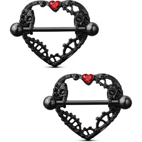 COCHARM 2pcs Halloween Heart Nipple Rings 14g Black Gothic Piercing Jewelry for Women Goth Barbell Cute 14mm Bar