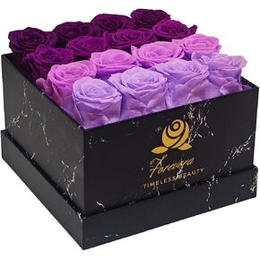 Eternal Roses Box |16 Multi-Color Preserved| for Weddings Real Long Lasting Flowers Last for Over A Year | Marble Box | Gift for Woman | Valentine (Purple)
