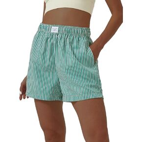 Women's Striped Shorts Elastic High Waisted Summer Casual Straight Leg Shorts with Pocket