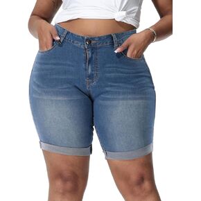 Womens Plus Size Jean Shorts High Waisted Stretchy Midi Bermuda Denim Shorts