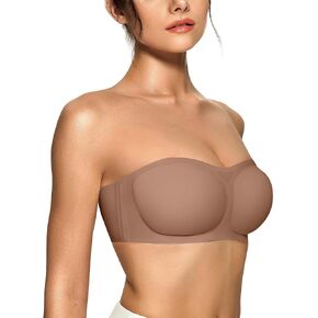 OEAK Womens Strapless Bandeau Bras Non Slip Push Up Wireless Padded Bralette Supportive Seamless Bra Comfortable Tube Bras Coffee XL