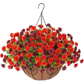 Fall Flowers Artificial for Decoration,Outdoors Fake Flowers Potted UV Resistant,Autumn Silk Realistic Daisy Garden Fake Plants Thanksgiving,Courtyard Front Porch Patio (Orange Brown)