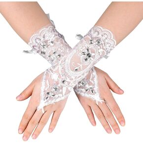 1 Pairs White Lace Gloves, Fingerless Lace Gloves, Long Fingerless Rhinestone Gloves for Women Formal Elbow Length Arm Tulle Sleeve for Opera Wedding Bridal Princess Cosplay Prom Masquerade