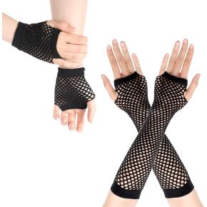 Thinp 2 Pairs Fishnet Gloves Black Fishnet Gloves Fishnet Arm Sleeves Fishnet Fingerless Gloves 80s Fishnet Gloves for Women Girls Theme Party Cosplay Halloween Accessories(Long and Short Styles)