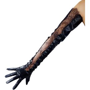 DooWay Women's Long Leather Lace Gloves Black TECH Panel Floral Faux PU Leather 28" 70cm Evening Party Wedding Brial Glove