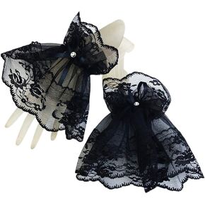 Women Black Lace Wrist Cuffs Bracelets Wedding Rhinestone Bow Fingerless Gloves Wedding Gloves