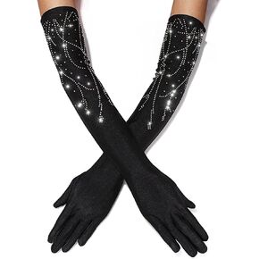 Glitter Rhinestone Long Finger Gloves Black Opera Arm Glove Promsories for Women