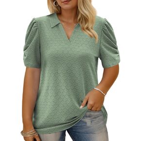 VISLILY Womens-Plus-Size-Summer-Tops Polo V Neck T Shirts Puff Short Sleeve Lapel Collared Work Blouses Eyelet Tunics XL-5XL