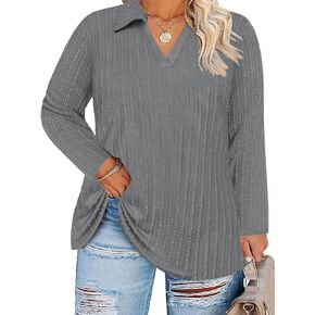 VISLILY Womens-Plus-Size-Tops-2025 Polo V Neck Shirts Lapel Collared Work Blouses Casual Long Sleeve Knit Tunics XL-5XL