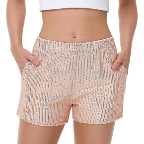 Anna-Kaci Women's Sparkly Sequin Shorts Elastic Waist Summer Straight Leg Glitter Party Shorts