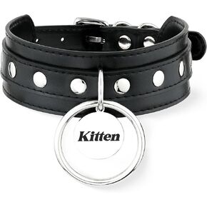 Black O-ring Leather Choker Collar for Women, Gothic Punk Style Adjustable Choker Necklace with Rivets and Engraved Letters Steel Tag