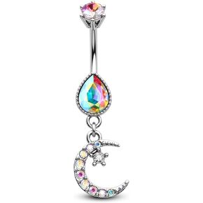 COCHARM Colorful CZ Dangle Belly Button Ring 14G Moon Dangly Belly Navel Rings for Women Belly Piercing Jewelry Dangling Stainless Steel