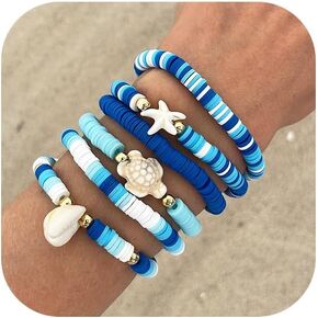 Salircon Sea Shell Starfish Charm Bracelets Summer Beach Surfer Stackable Bracelet Set Elastic Puka Shell Bracelet for Women Summer Beach Party Jewelry