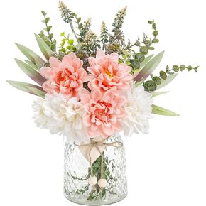 Der Rose Fake Flowers in Vase Silk Artificial Navy Blue Flowers Arrangements with Glass Vase for Dinning Coffee Table Centerpieces Home Kitchen Farmhouse Wedding Decor