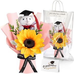 Giegxin 3 Pcs Graduation Bear Flower Bouquet Set, 2025 Small Plush Stuffed Bouquet with Bag and Gift Card Bear Doll Sunflower Artificial Floral for Grad Celebration Party Supplies (Pink)