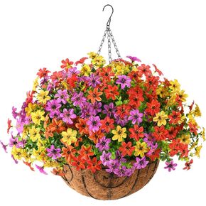 Inqcmy Faux Faux Hanging Flower Plants سلة لزينة الربيع في الهواء الطلق ، حرير مزيف ملون في زارع الأشعة فوق البنفسجية واقعيًا مقاومًا خارج المنزل الشرفة الشرفة خارج المنزل