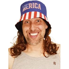 USA Mullet Bucket Hat Brown Wig Merica 4th of July All American Costume