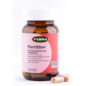 Flora Ferritin+ ملحق الحديد المتأخر - ملحق الحديد القائم على النبات - دعم خلايا الدم والطاقة - زجاجة زجاجية وخالية من الغلوتين - 30 كبسولات نباتية