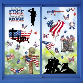 Mfault 9 Sheets 4th of July Land of The Free America Patriotic Window Clings, American Flag Cross Military Soldier Boots Stickers Decals Decorations, USA Memorial Day Veterans Day Home Kitchen Decor